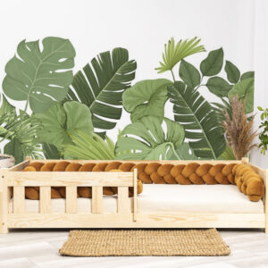 Wandsticker - Tropische Blätter. Das Bett auf dem Foto ist 160x80cm groß.